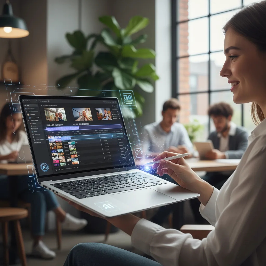 Creator using AI laptop for accelerated video editing