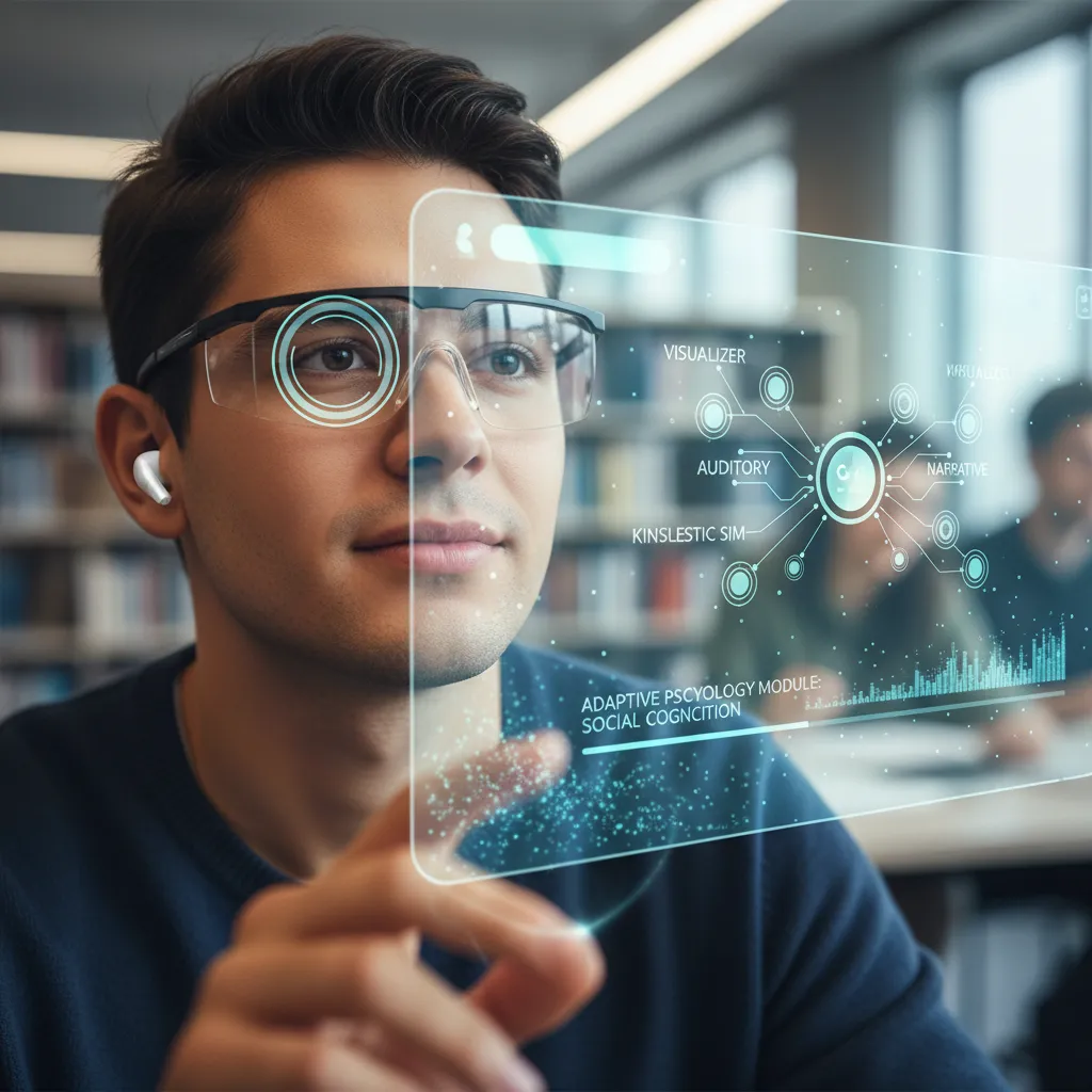 A neurodivergent student using a tablet with an AI adaptive learning program that helps maintain focus and engagement