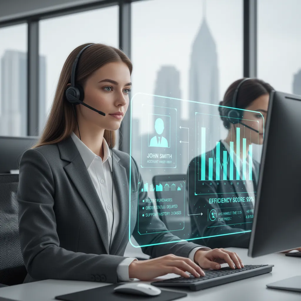 Call center agent viewing AI-powered customer data overlay