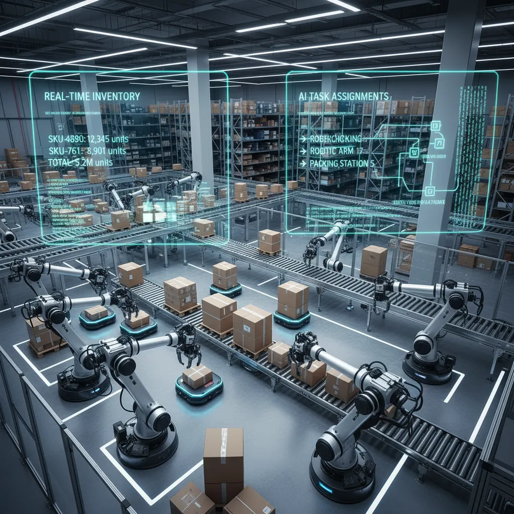 Automated warehouse with robots and AGVs, displaying real-time AI inventory data.
