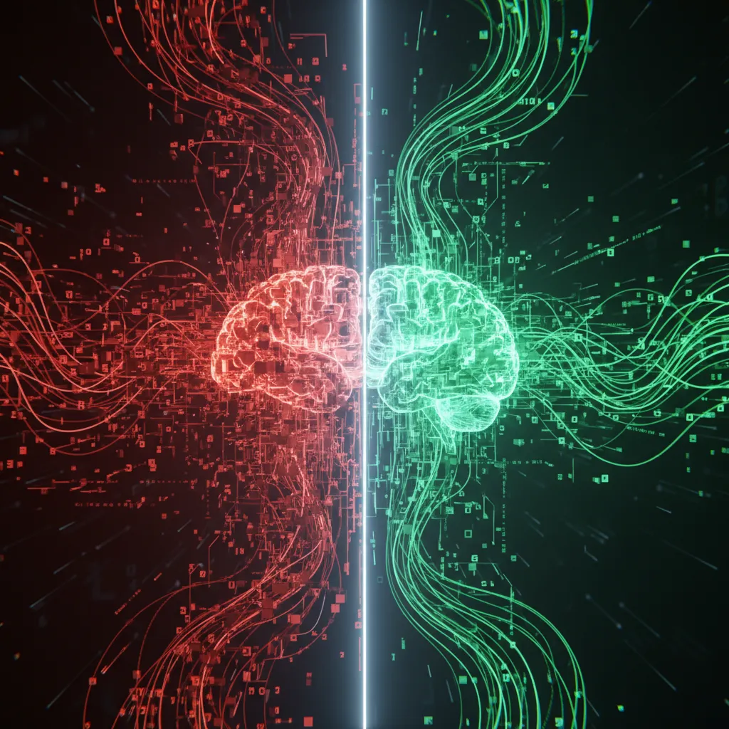 Split image showing biased vs. debiased data streams entering an AI brain.