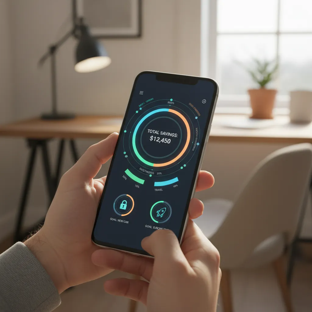 A user interacting with an AI budgeting app on their smartphone, with charts and graphs visible.
