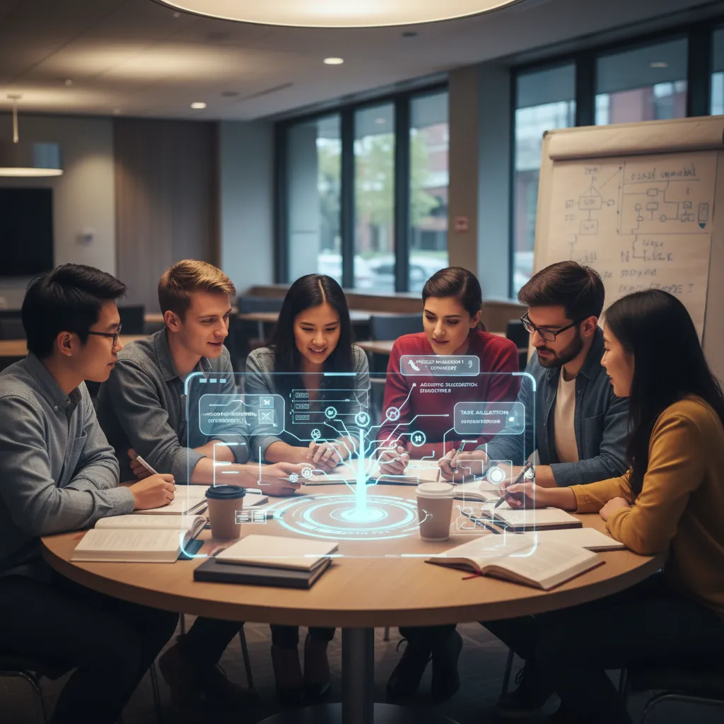 A diverse group of students works around a table with a central holographic AI interface displaying project timelines, mind maps, and collaborative documents.