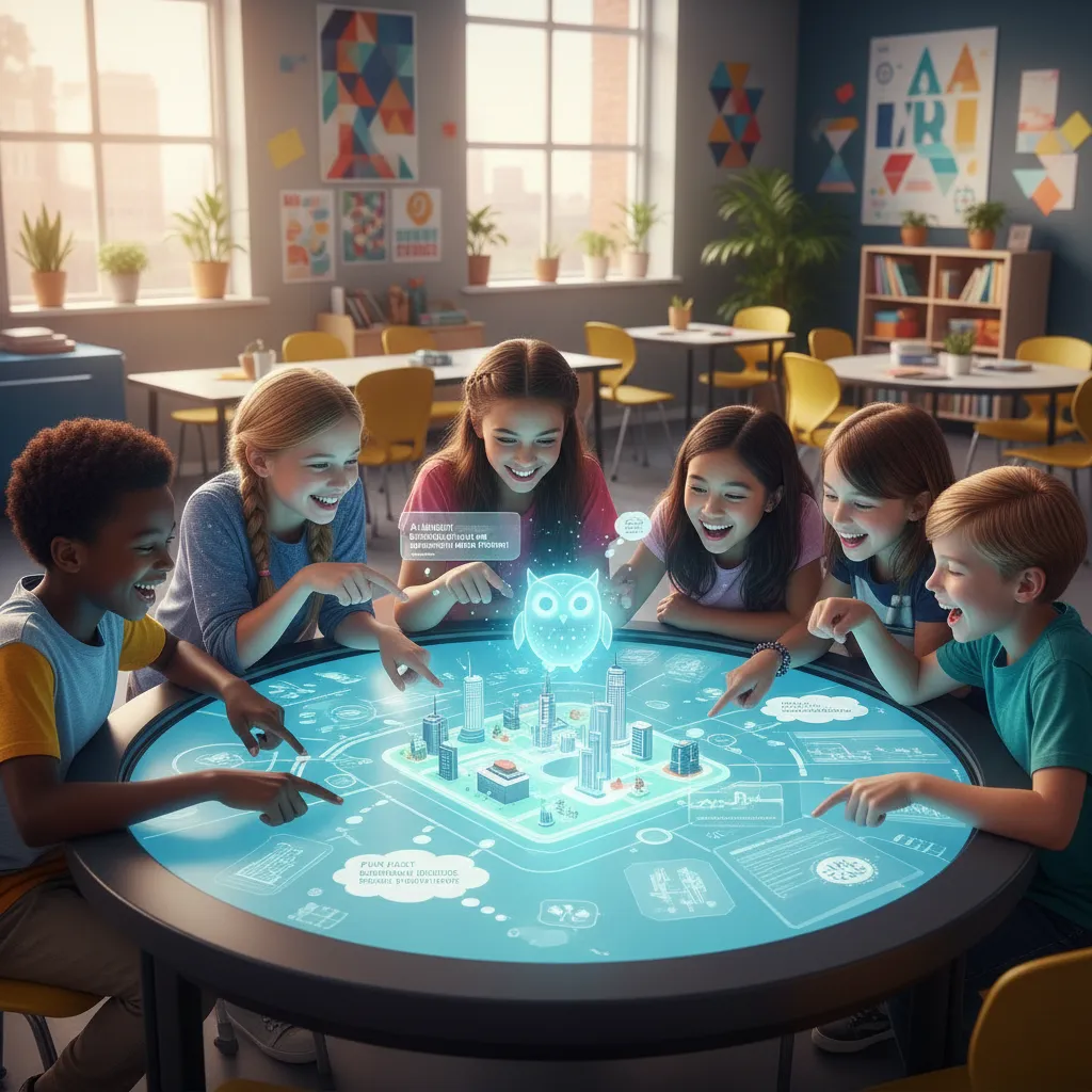 Students using an interactive tabletop display for AI-enhanced collaborative learning.