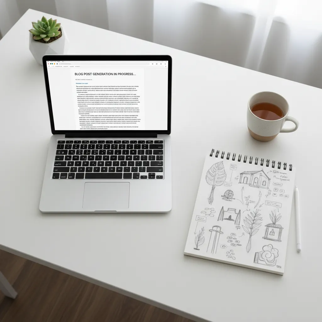 Desk with laptop showing AI writing assistant and notebook