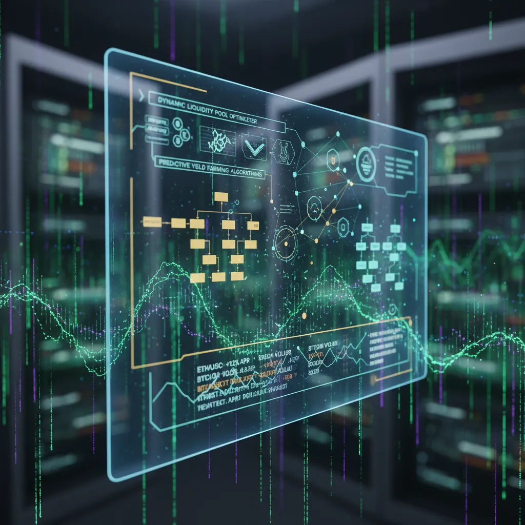 AI algorithms analyzing DeFi transactions on a holographic display