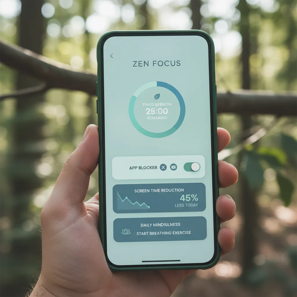 AI digital detox app interface on a smartphone with nature background