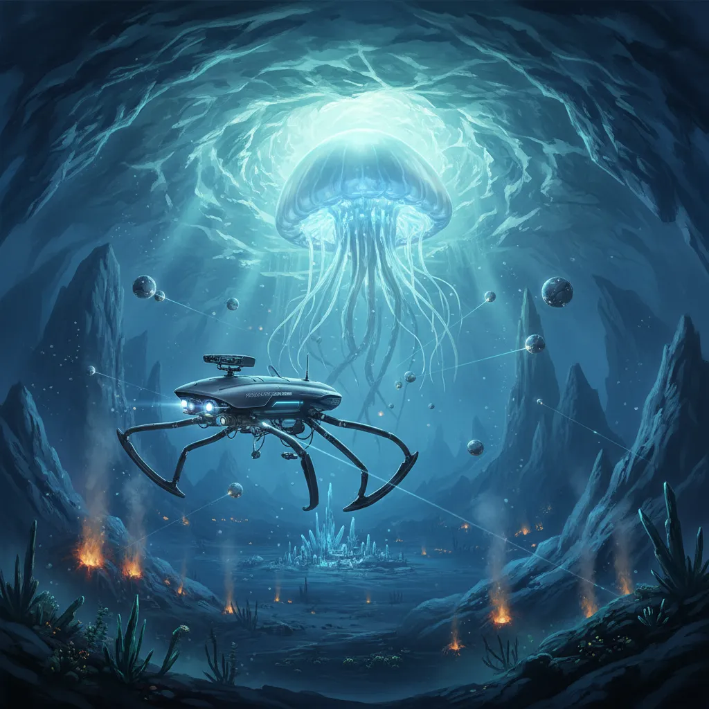 AI drone exploring subsurface oceans of an icy moon