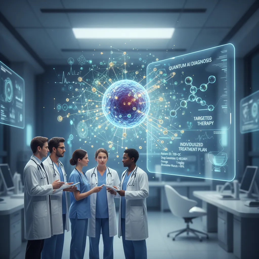 Quantum AI analyzing human cells for drug discovery and personalized medicine