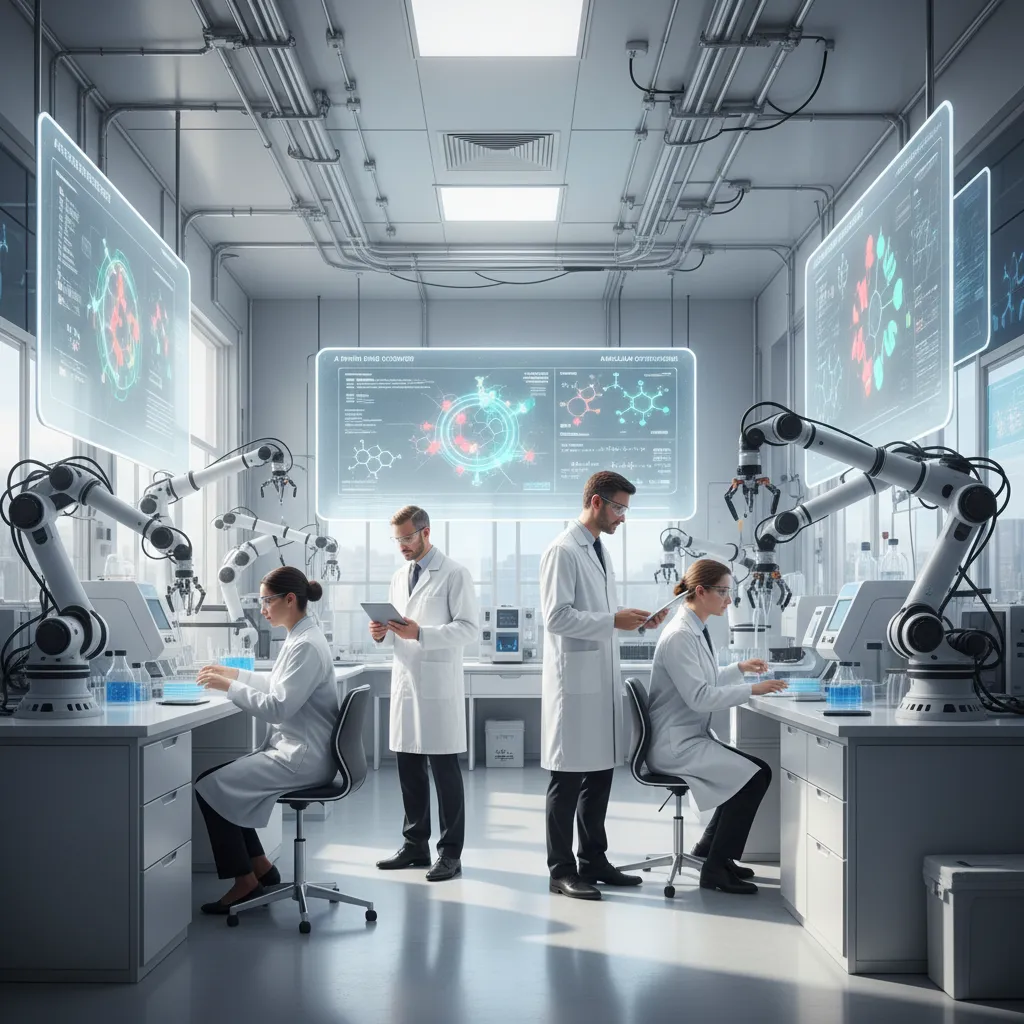 Scientists and AI robots collaborating on drug discovery in a lab.
