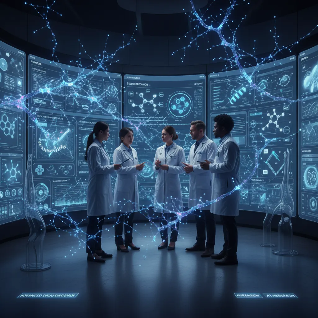 Researchers analyzing medical data with AI neural network visualizations