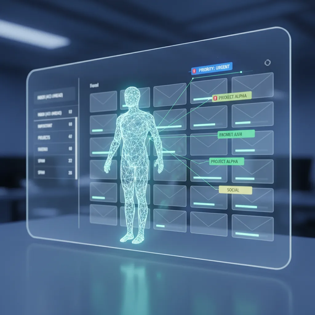 AI agent sorting emails with holographic interface