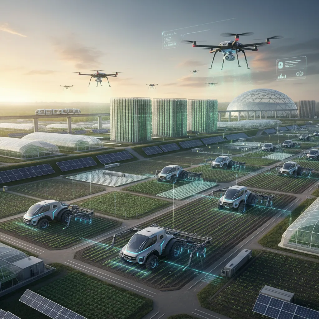 Autonomous AI tractors and drones in a futuristic farm field