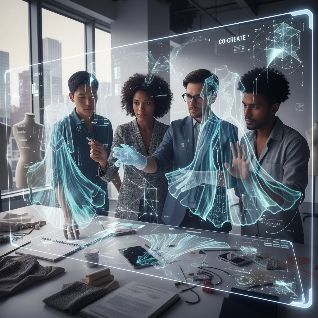 Fashion designers collaborating with an AI on an interactive screen to create new garment designs.