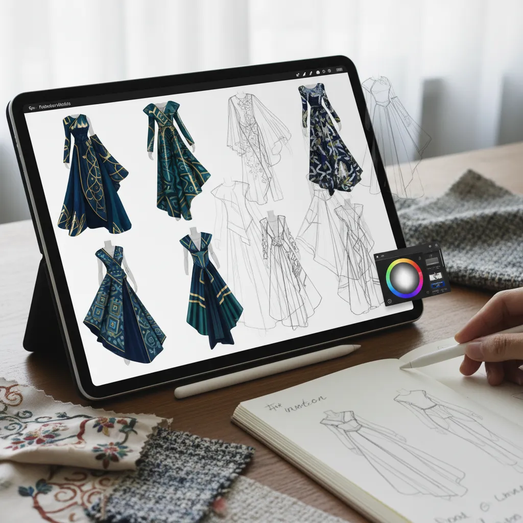AI generating fashion designs on a tablet screen with human sketches