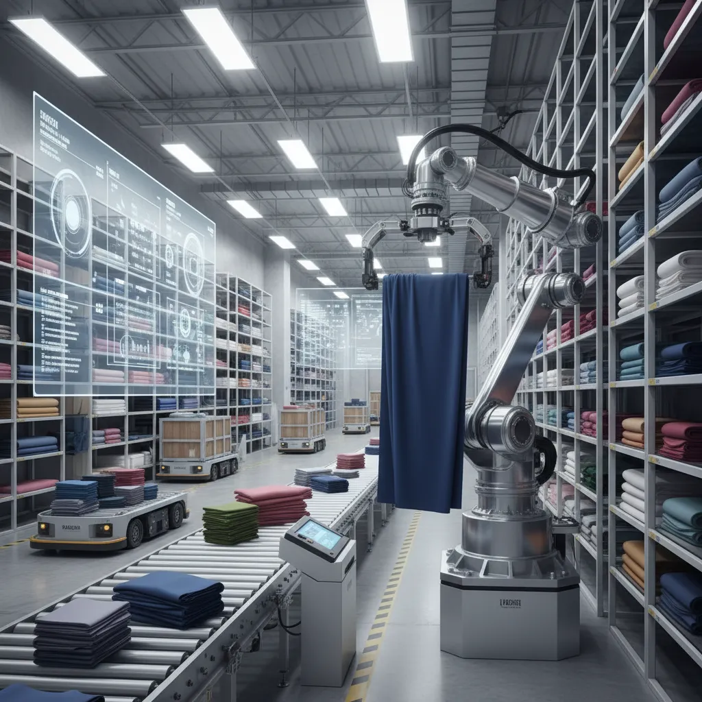 Robot arm using AI to manage inventory and select fabrics in a modern fashion warehouse.