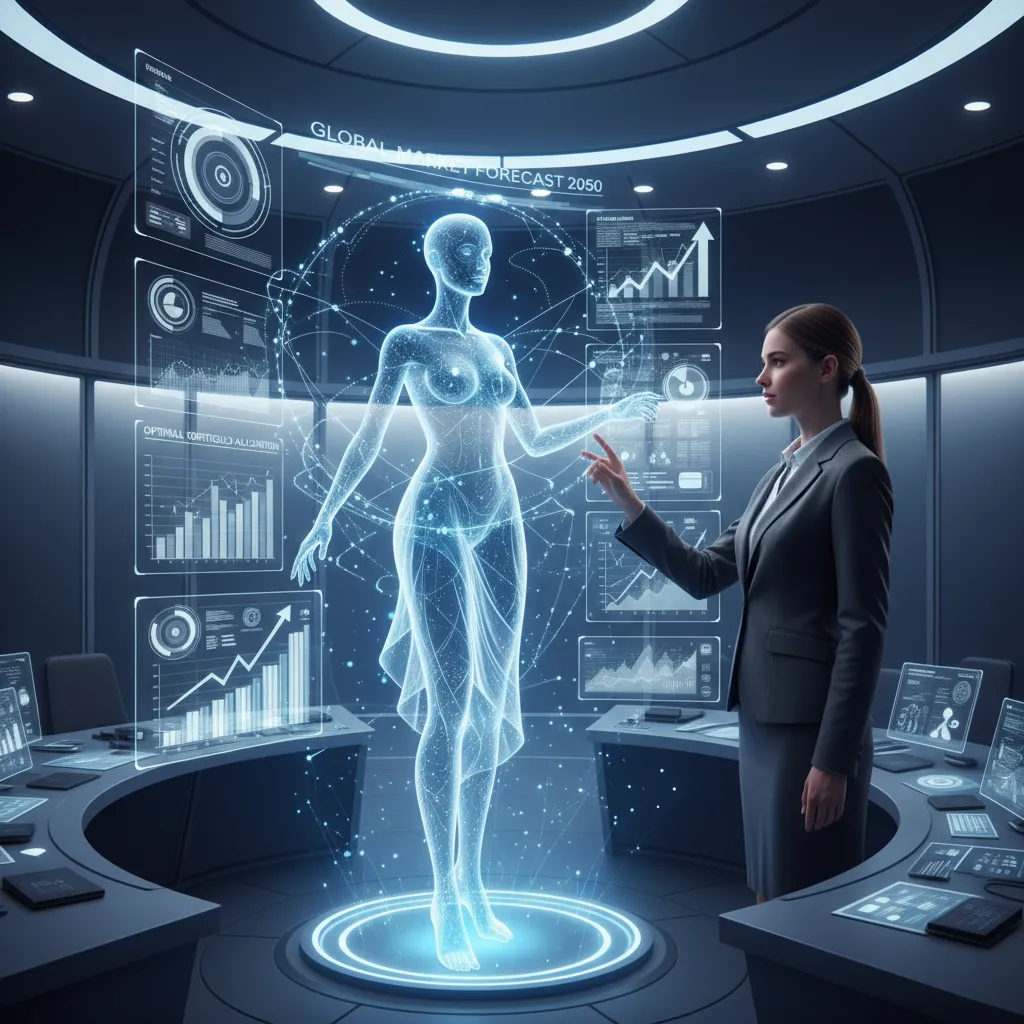 An AI financial assistant shown as a friendly bot on a phone screen, providing helpful guidance and charts.