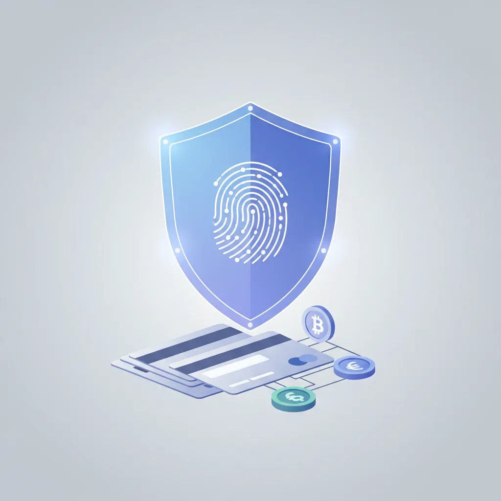 A digital shield icon protecting financial data and credit cards, symbolizing AI security.
