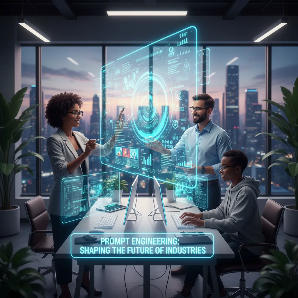 Professionals collaborating around an AI-generated content projection, illustrating prompt engineering's cross-industry impact.