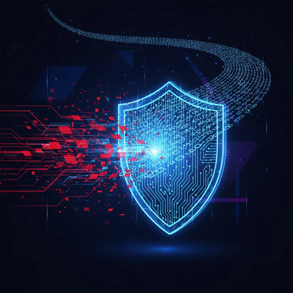 An abstract visualization of AI detecting and blocking a fraudulent financial transaction.