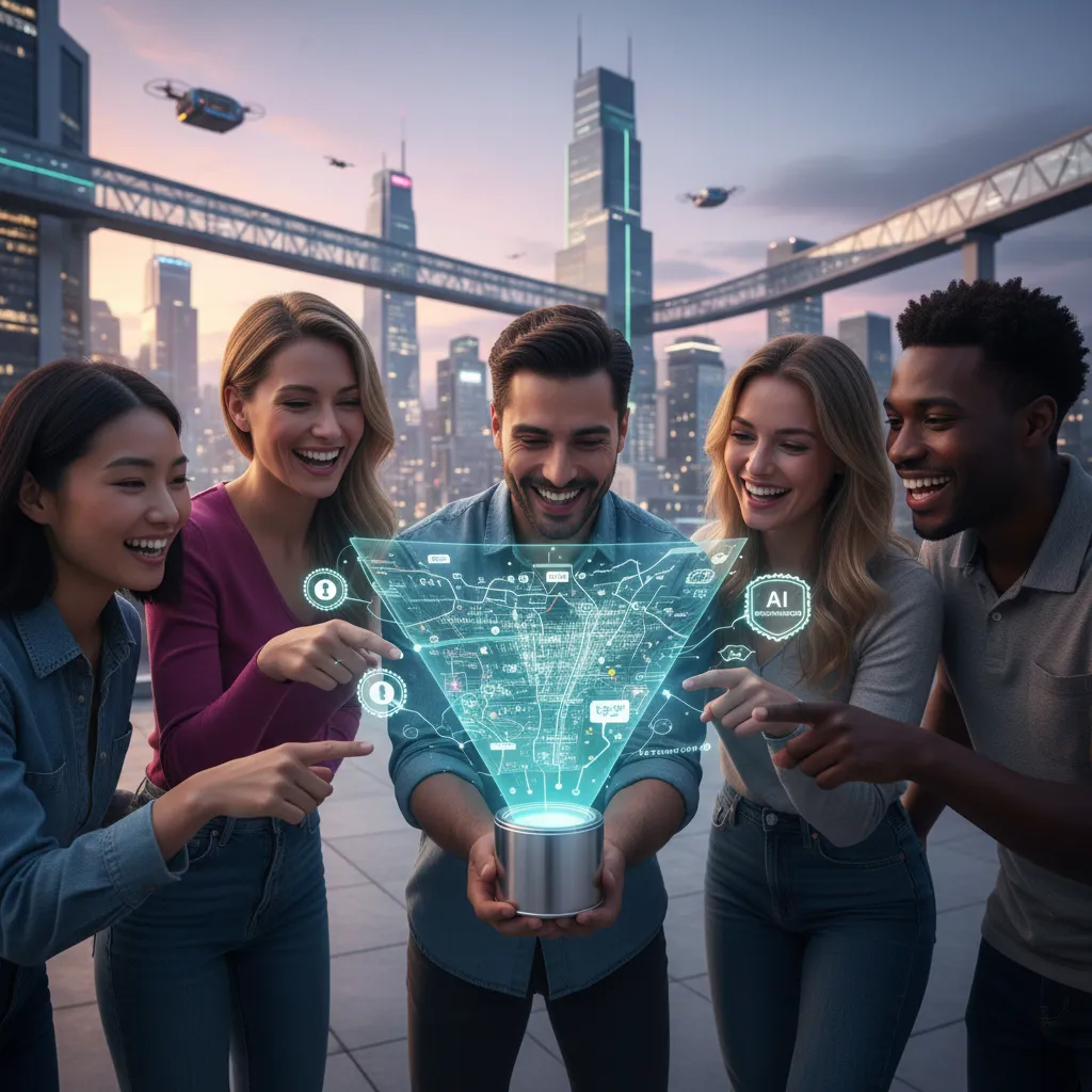Group of friends using AI for city tour planning