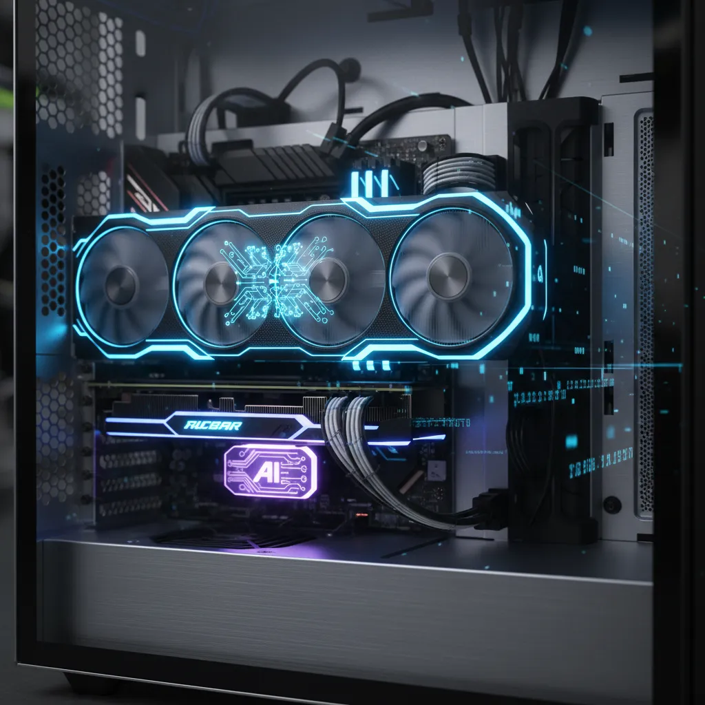 Close-up of AI gaming PC components, GPU, CPU, AI lighting