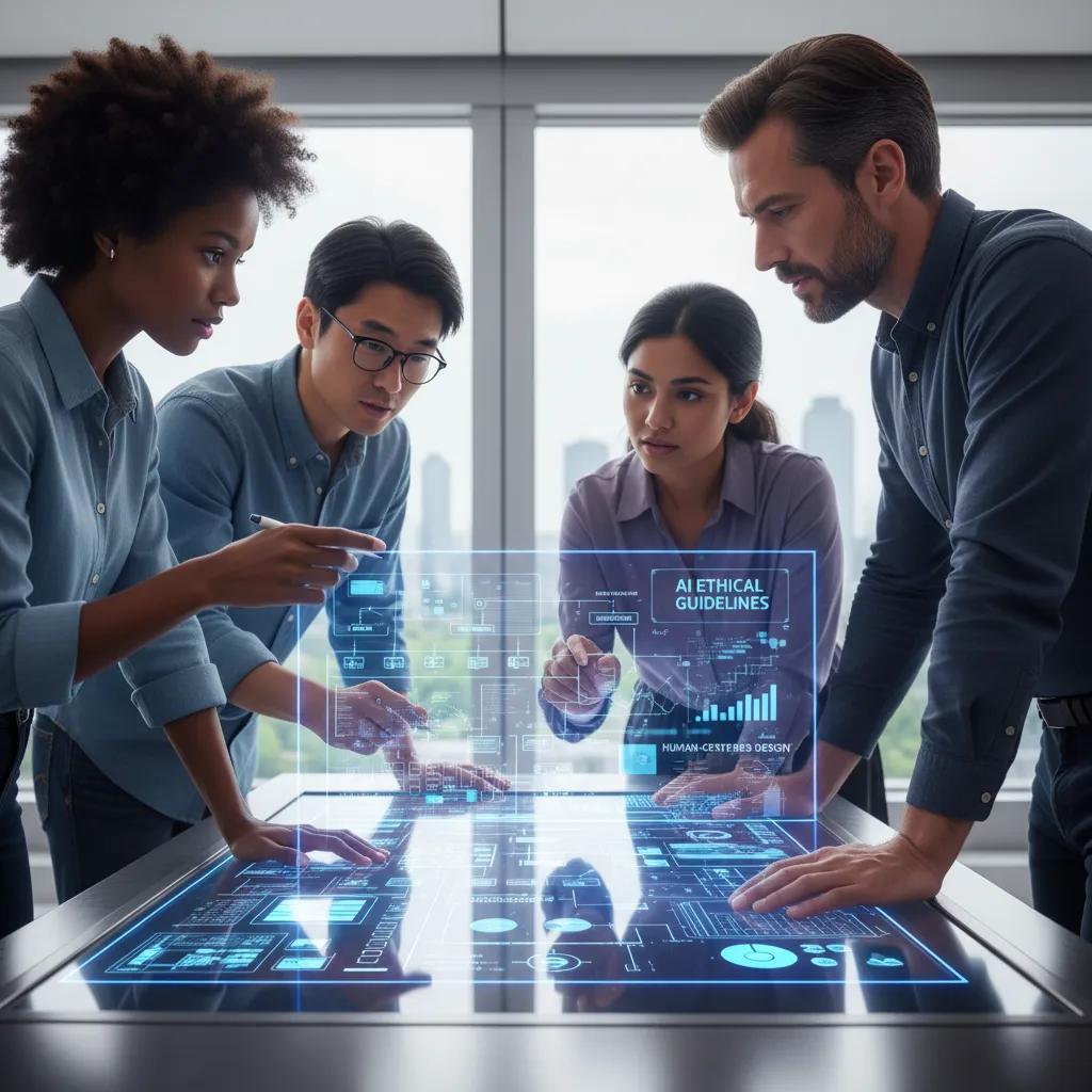 Policymakers and ethicists discussing AI ethical guidelines via holographic projection.