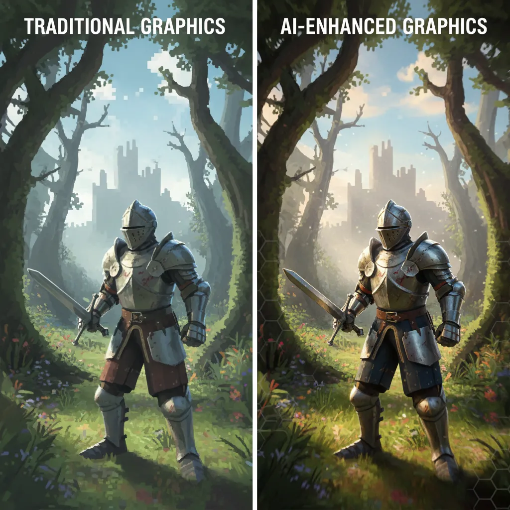 Split image comparing traditional and AI-upscaled game graphics