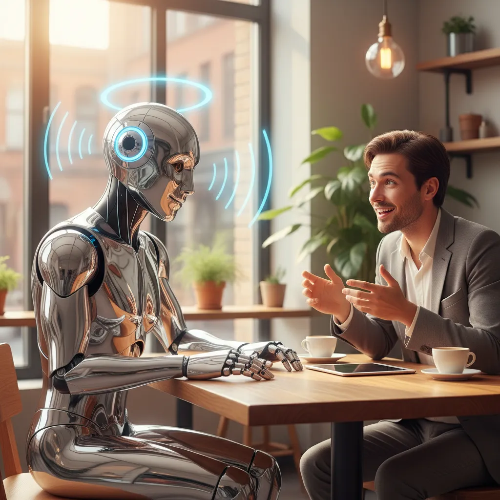 An AI robot and a human having a natural, face-to-face conversation in a cafe, illustrating the advanced conversational abilities of GPT-4o.