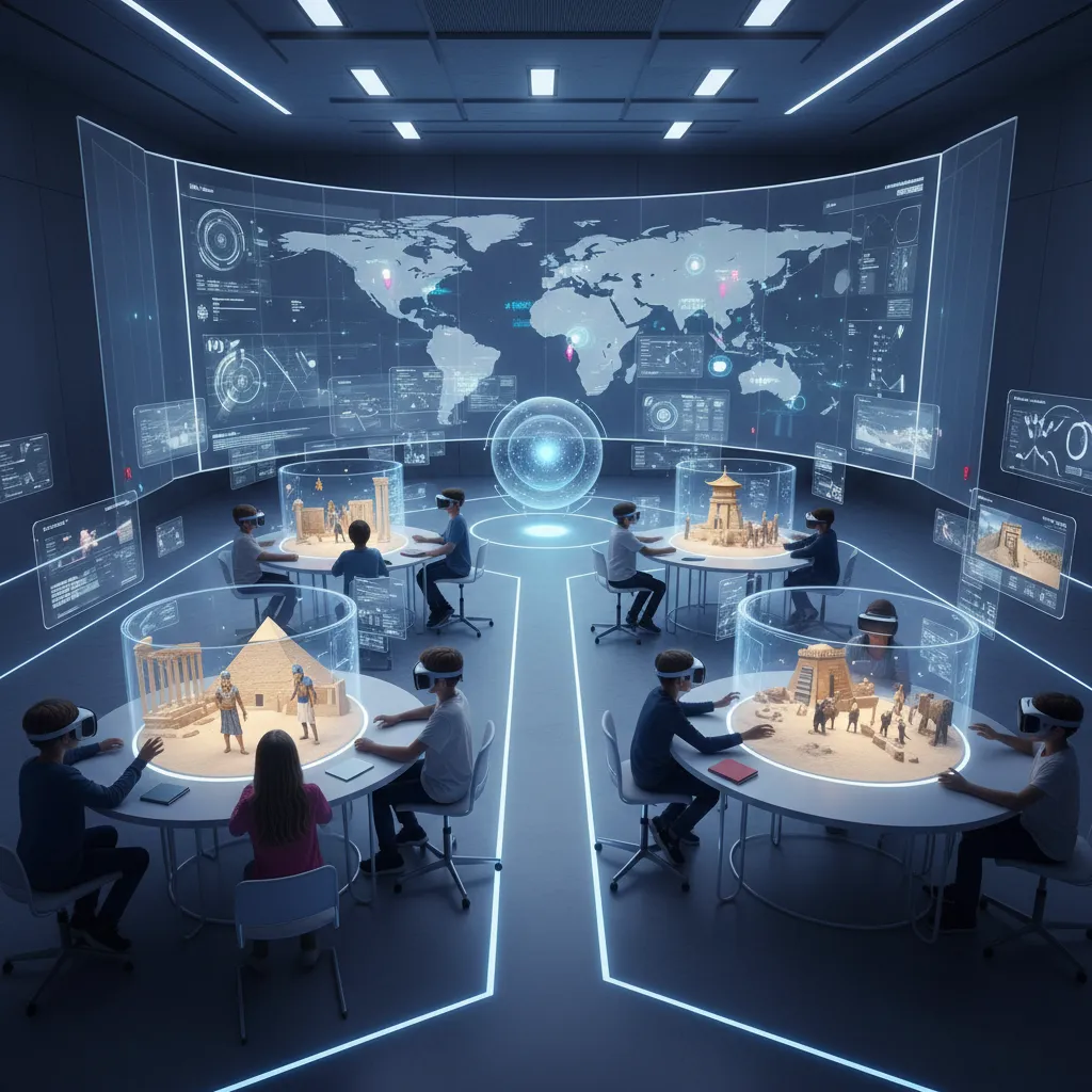 Students in a futuristic classroom experiencing immersive learning through VR and AI.