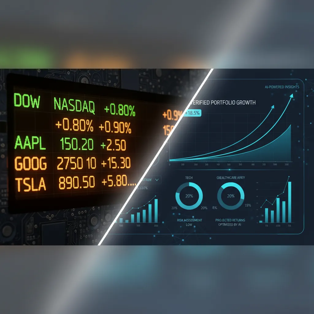 Split-screen showing a traditional stock market ticker and a modern AI-powered investment portfolio dashboard.