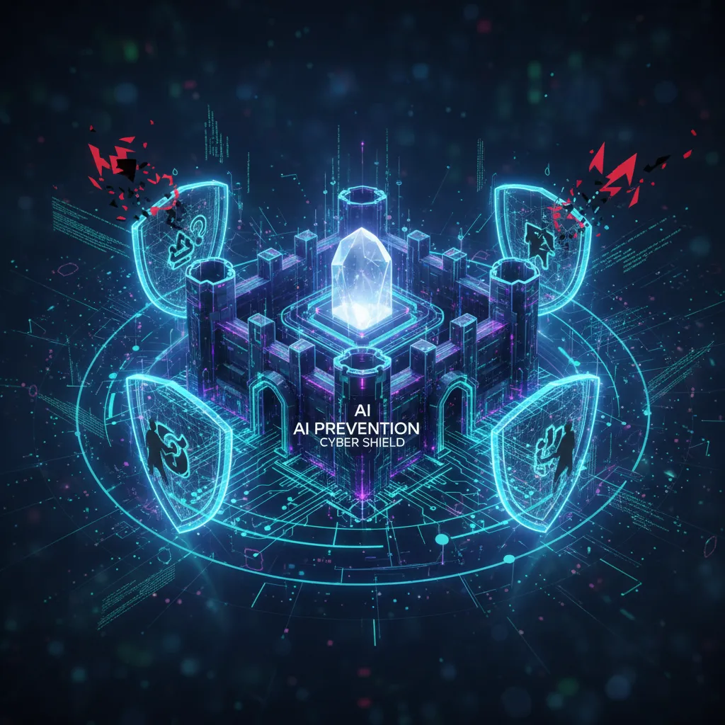 Abstract digital fortress showing AI layers repelling cyber attacks