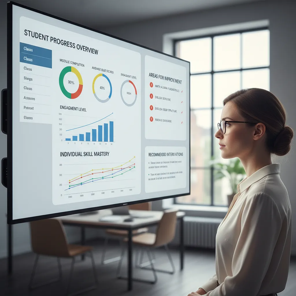 Educator analyzing AI-generated learning analytics on a digital dashboard.
