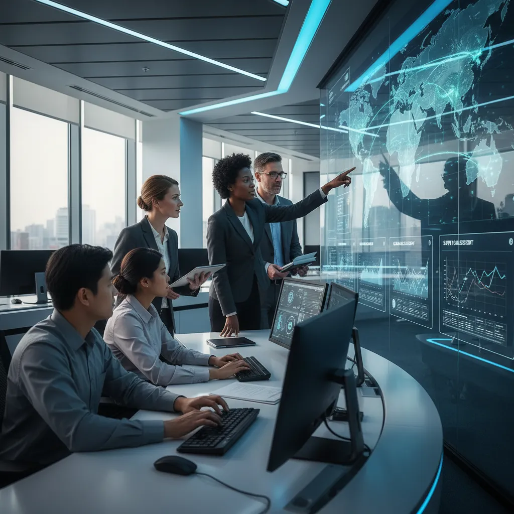 Logistics professionals monitoring AI-powered predictive analytics and global supply chain data in a control room.