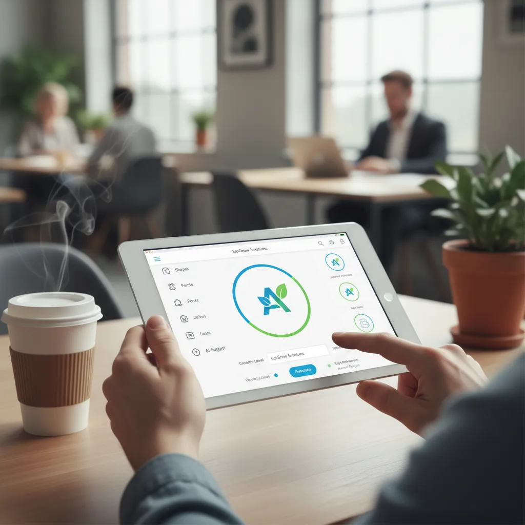 Hands using tablet with AI logo design tool interface