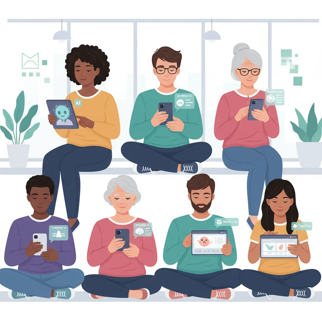 Diverse individuals using AI mental health apps