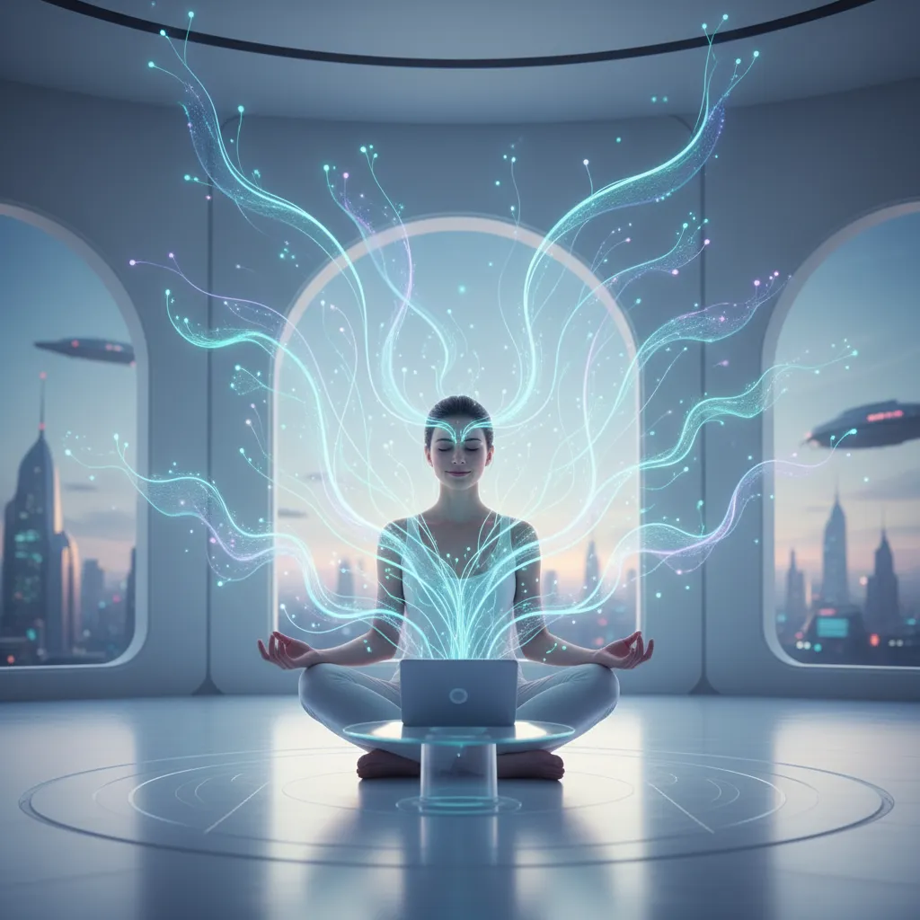 A serene, abstract image showing glowing neural networks intertwining with natural, calming elements, representing AI and mental peace.