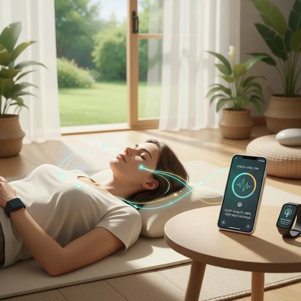 Person meditating with AI insights on stress, sleep, and mindfulness from a wearable device.
