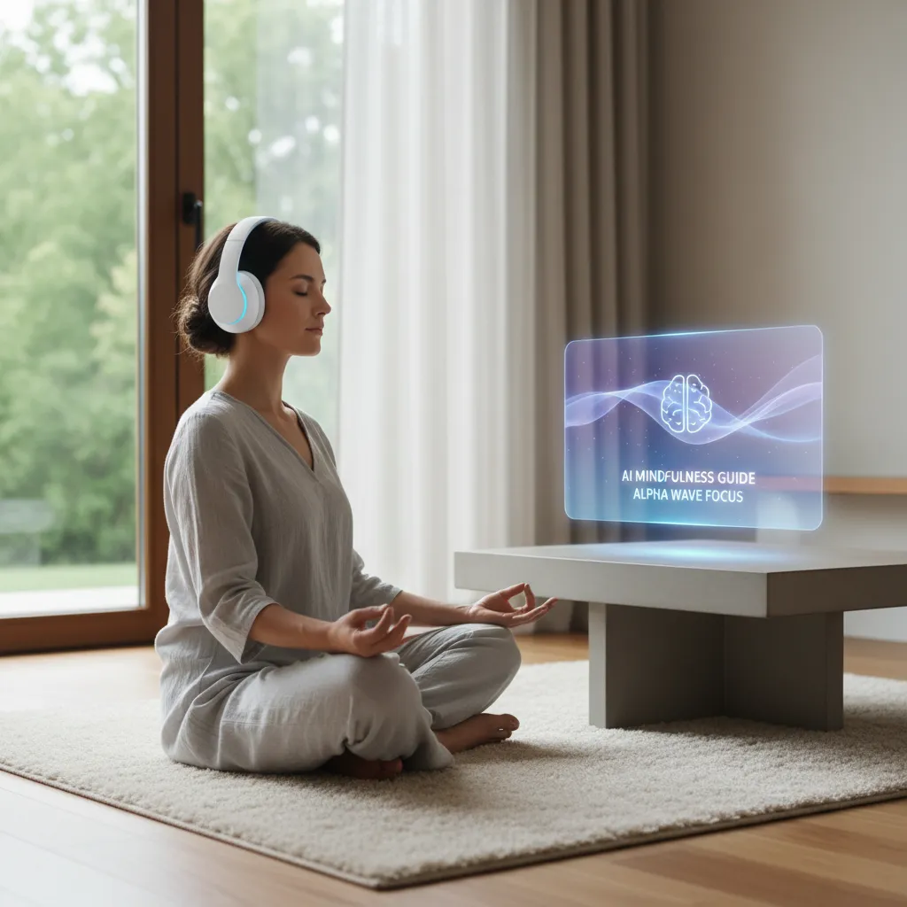 Person with futuristic headphones meditating, with a holographic AI display showing mindfulness data