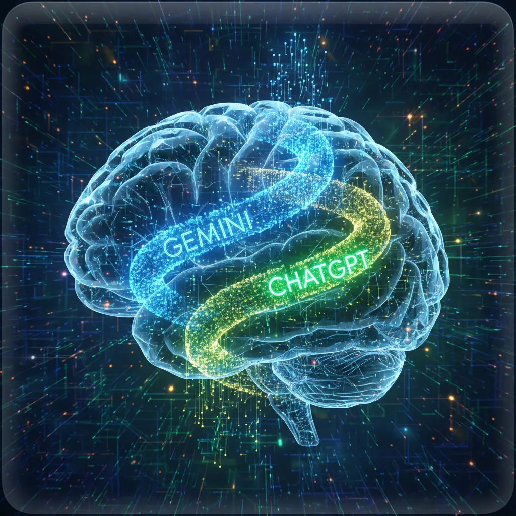 Conceptual image of a brain with intertwined blue and green neural pathways.