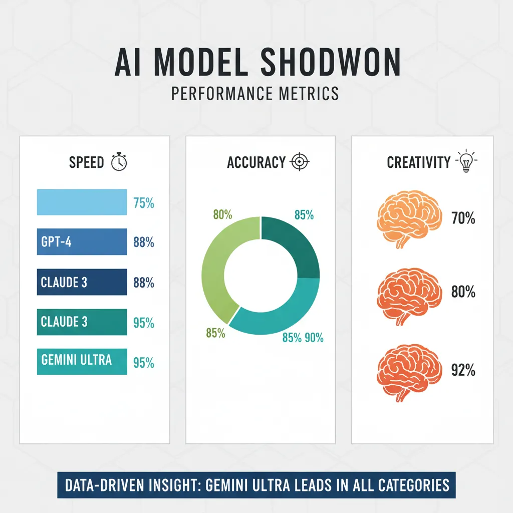 Infographic showing a comparison of AI model performance metrics like speed, accuracy, and creativity using charts.