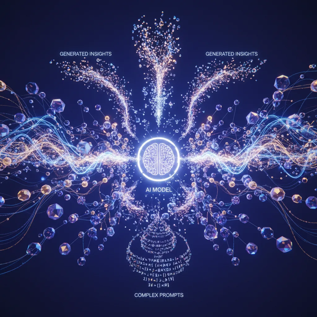 Abstract representation of an AI model processing prompts, showing interconnected nodes and data streams.