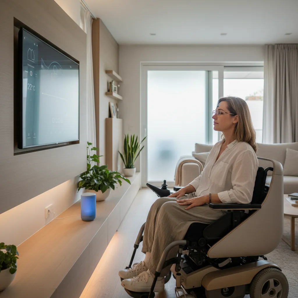 Person with motor skills disability controlling smart home with AI voice and eye-tracking