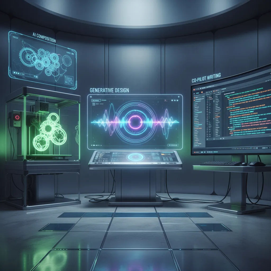 AI generating music, 3D printing an object, and assisting writing in a studio