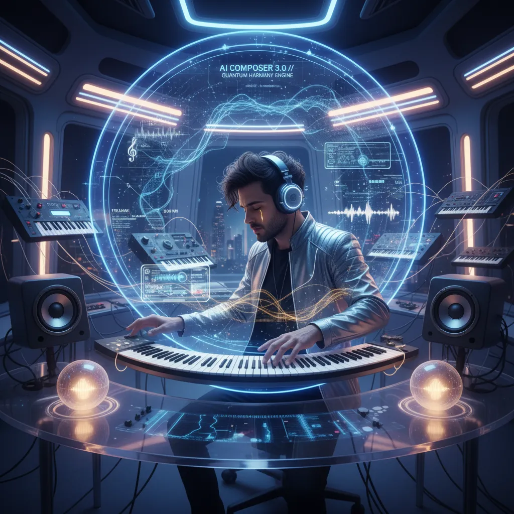 AI interface generating music in a futuristic studio