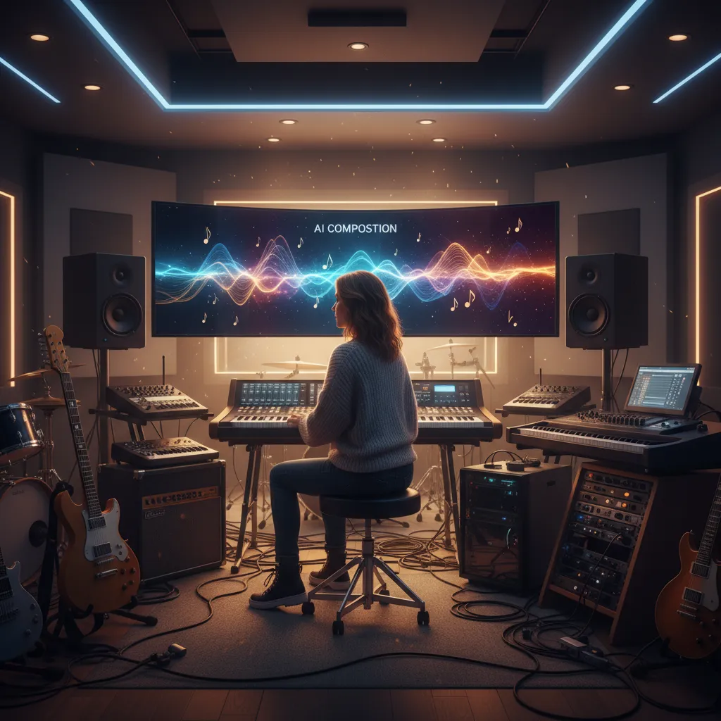 Musician collaborating with AI for music composition in a studio
