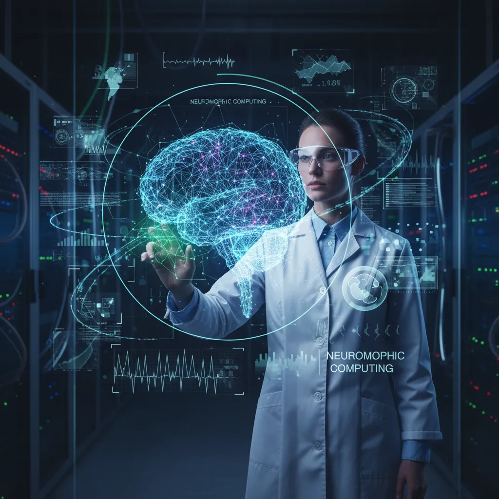 Scientists in a futuristic lab analyzing brainwave data next to a neuromorphic processor