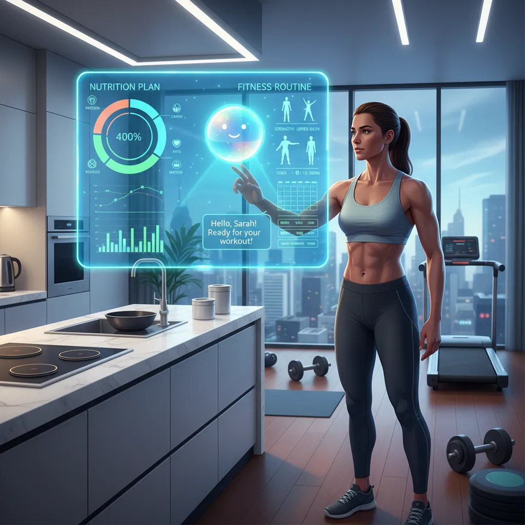 Person interacting with a holographic interface displaying AI-powered personalized nutrition and fitness plans.