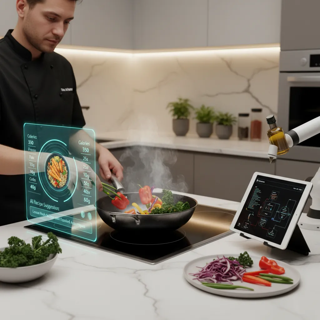 Healthy meal preparation with AI nutrition data display