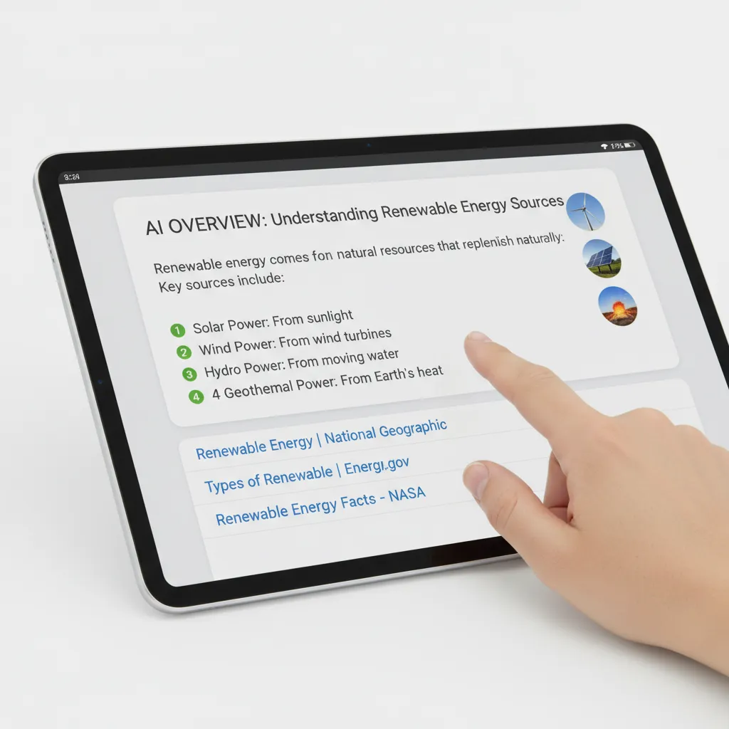 A user looking at the new AI Overviews feature at the top of a Google Search results page.